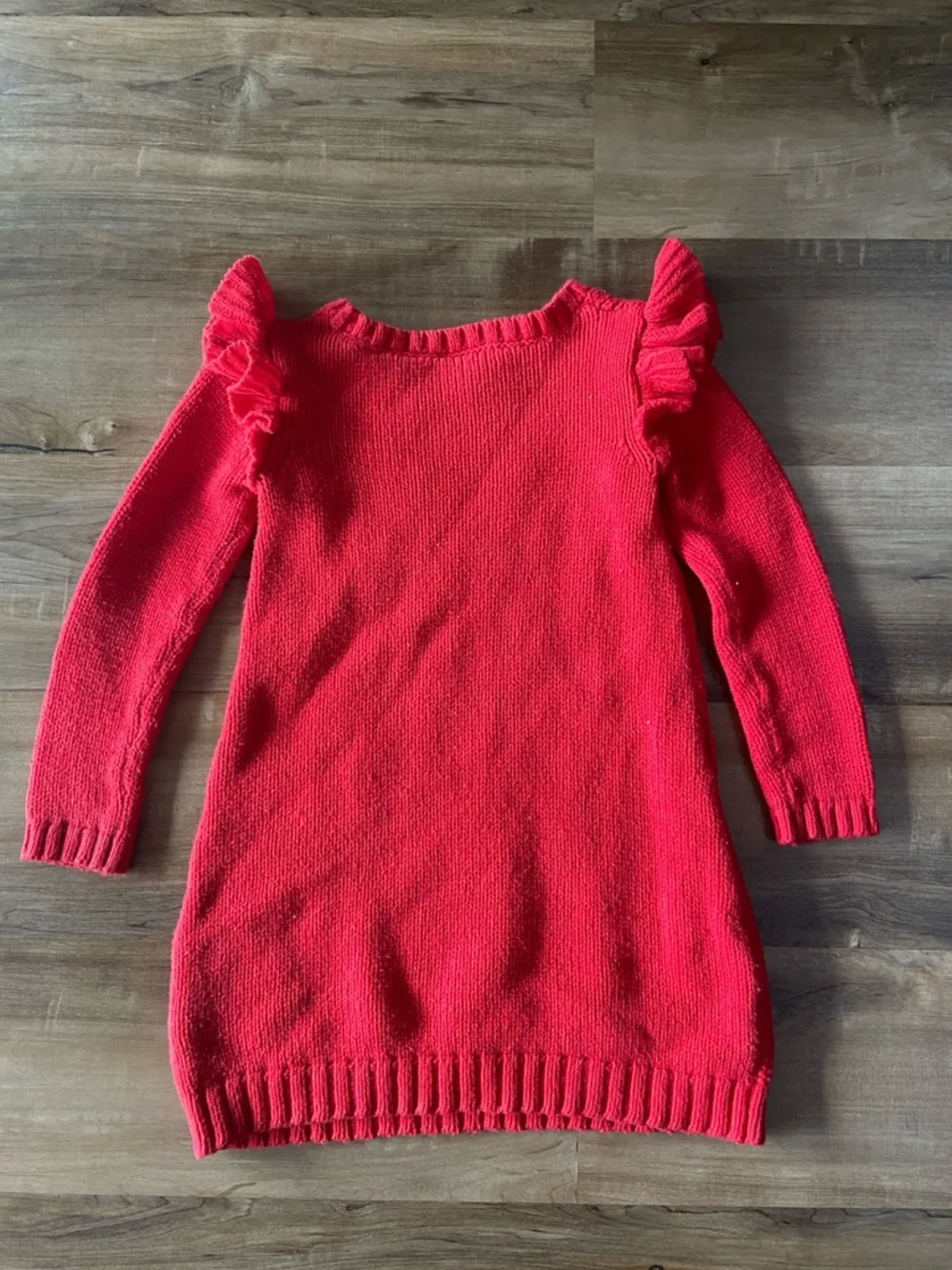Girls Cable Knit Ruffle Shoulder Sweater Dress - Bright Coral